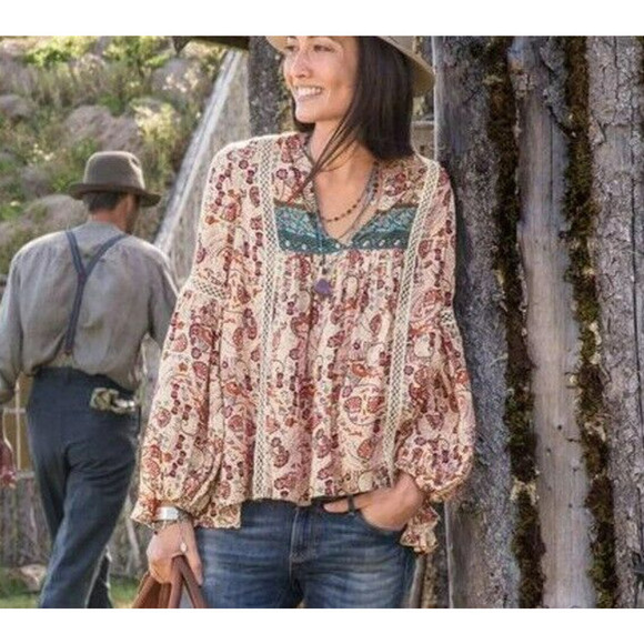 Sundance Jessamyn Peasant Top Size XS Coral Lace Inset CottageCore Boho - Picture 1 of 9